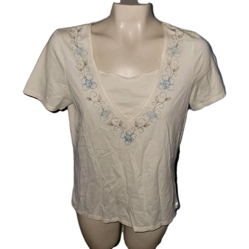 J JILL Floral Embroidered Knit Top Cream Color Short Sleeve Sweetheart Neck M